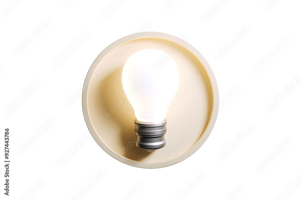 Poster Illuminated light bulb in a circular frame. Clean and isolated on a white background. Concept of creativity and ideas. 3D Rendering