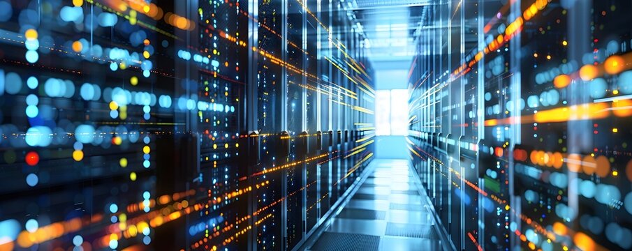 Futuristic Server Room with Holographic Data Analysis Displays