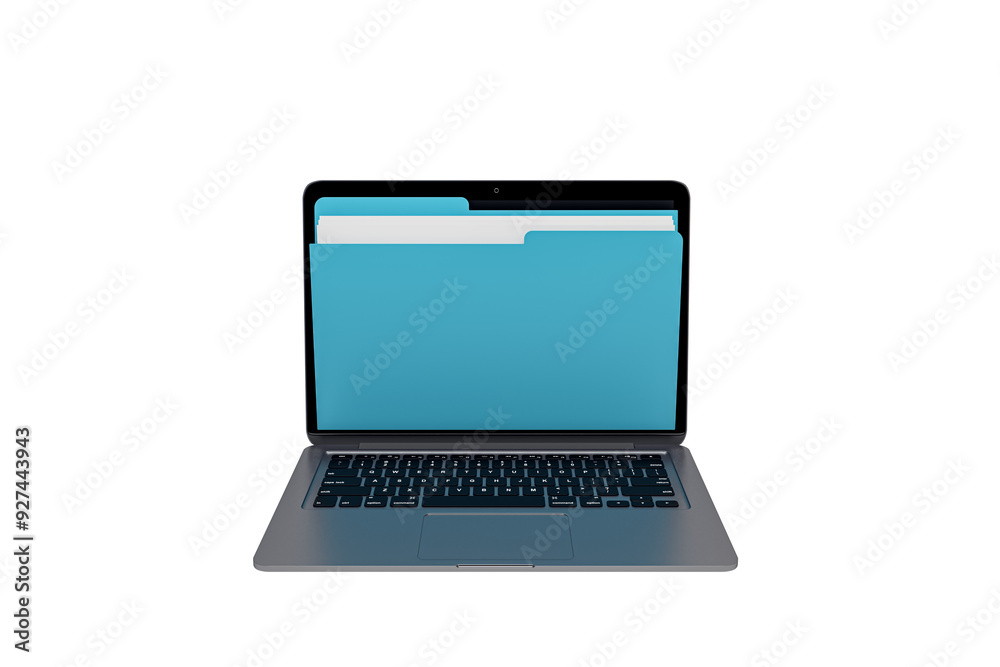 Poster 3D rendering of a laptop displaying a digital folder on its screen. Isolated on a white background. Concept of digital file management and storage