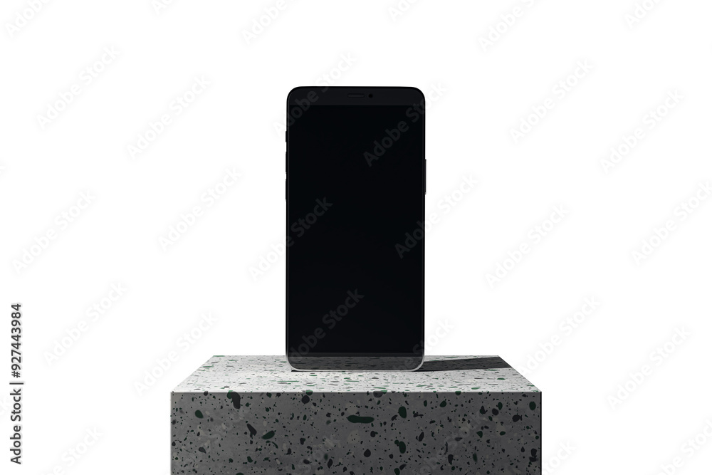 Poster Blank smartphone screen on a speckled cube podium, isolated on a white background. Presentation concept for digital devices. 3D Rendering