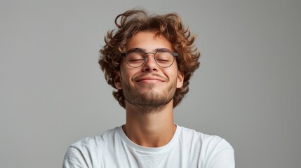 Obraz premium Young man expressing happiness with closed eyes and wide smile standing against a solid studio background