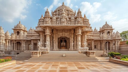 Traditional Indian design of the Swaminarayan Akshardham Temple with its intricate carvings and peaceful ambiance