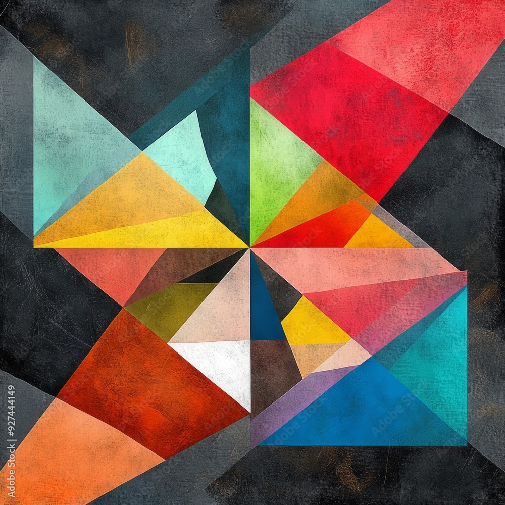 Poster Abstract geometric pattern in shades of blue, red, yellow, and green on a dark grey background.