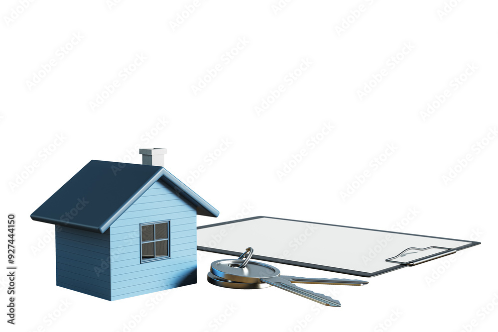 Poster miniature house model with keys and clipboard placed on a white background, representing real estate