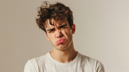 Fototapeta premium Young man showing disgust with wrinkled nose standing against a solid studio background