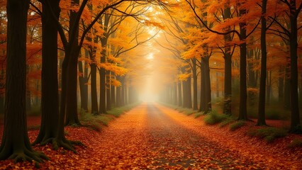 A peaceful autumn forest with sunlight streaming through trees, illuminating a leaf-covered path
