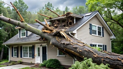 Tree falls on house roof during storm, causing insurance damage, mud, and destruction, tree, house, roof, storm © Neungruedee