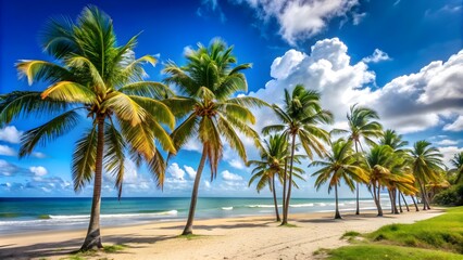 Obraz premium A perfect summer day with clear blue skies, a sandy beach, and tall palms swaying in the breeze, summer, perfect day