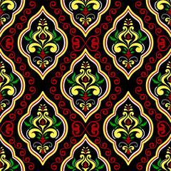 Damask Floral Pattern This seamless vector illustration is perfect for wallpapers, invitations, rugs, curtains and decor. The ornate motifs add a touch of elegance and cultural flair.