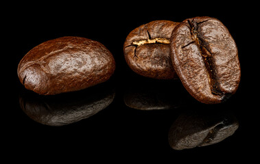coffee beans in high magnification detail with reflection