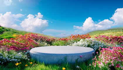 Abstact 3d render spring scene and Natural background, Stone podium on the pink flowers and grass field, backdrop blue sky and cloud for product display, advertising or etc