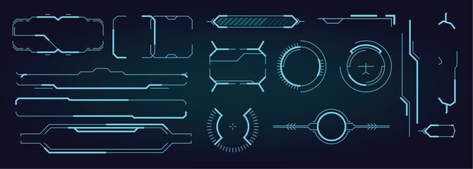 Hud ui elements. sci fi infographic modern space symbols for web design interface futuristic digital frames for screen and dividers vector set. hud ui, innovation layout panel interface illustration