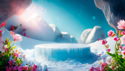 Abstact 3d render spring scene and Natural background, ice podium and colorful flowers, backdrop blue sky and cloud for product display, advertising, mockup or etc