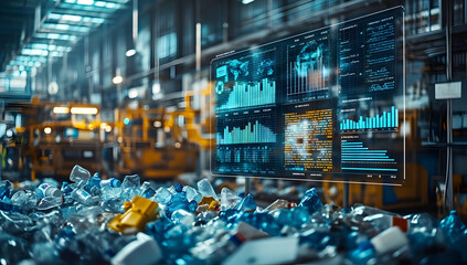 A modern waste management facility showcasing advanced technology for recycling and data analytics on plastic waste.