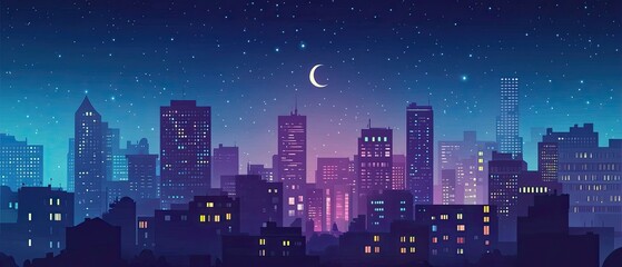 city skyline flat design top view night sky theme cartoon drawing Complementary Color Scheme