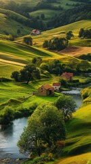 AI generator image of a lake in the middle of a valley The weather is cool,field of green mountain landscape