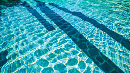 Obraz premium A serene turquoise pool with palm leaf shadows dancing on crystal-clear water, surrounded by lush tropical greenery, creating a tropical and tranquil atmosphere under the sun. 