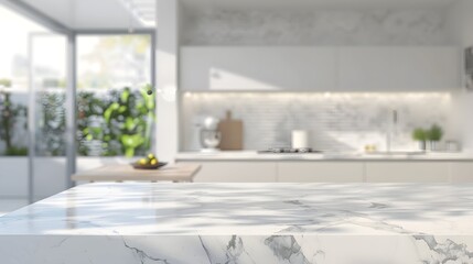 A bright kitchen with a large marble bench as the focus in the foreground and the background slightly blurred, light color palette, modern looking