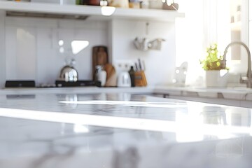 A bright kitchen with a large marble bench as the focus in the foreground and the background slightly blurred, light color palette, modern looking