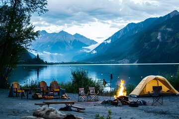 A campsite by the lake, with tents and outdoor furniture arranged around it. A bonfire is lit in front of them, The surrounding mountains create beautiful scenery