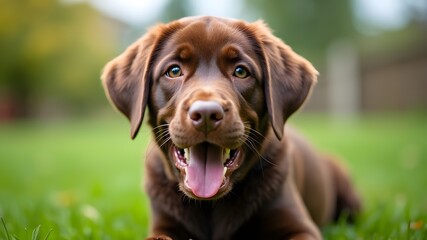 A noble brown Labrador Retriever looks at the camera, enjoying the outdoors on a green lawn. A portrait of a happy young dog having fun on a sunny day.