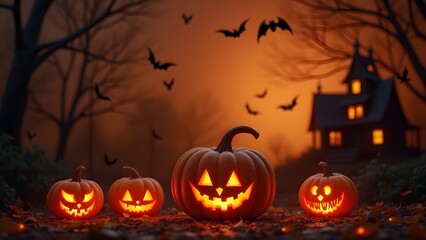 A spooky Halloween scene with a haunted house, jack-o'-lanterns, bats