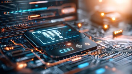 A futuristic shopping interface is embedded on a circuit board with glowing elements, symbolizing advanced e-commerce technology and digital innovation.