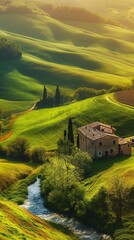 AI generator image of a lake in the middle of a valley The weather is cool,field of green mountain landscape