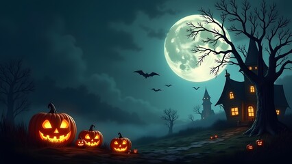 A spooky Halloween scene with a haunted house, jack-o'-lanterns, bats, and a large glowing full moon