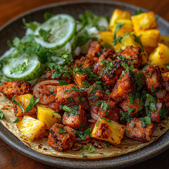 Fototapeta premium savory tacos al pastor with marinated pork fresh cilantro and pineapple, a traditional mexican dish bursting with flavor and color