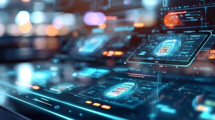 Close-up of a futuristic digital interface featuring multiple holographic displays and advanced data visualization in a high-tech environment with neon lighting.