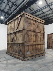 A giant wooden box inside a warehouse