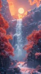 Digital green and orange mountain waterfall fluid illustration poster background