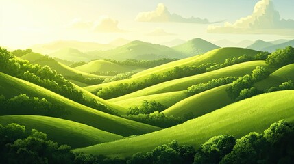 Serene 2D illustration of rolling hills with lush green meadows and soft sunlight casting long shadows perfect for calming scenery
