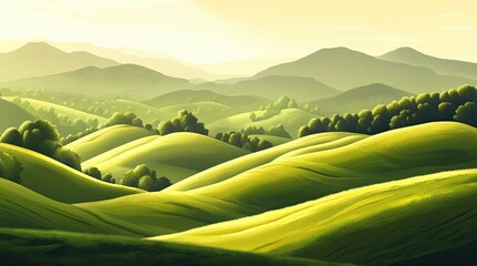 Serene 2D illustration of rolling hills with lush green meadows and soft sunlight casting long shadows perfect for calming scenery