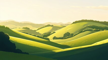 Serene 2D illustration of rolling hills with lush green meadows and soft sunlight casting long shadows perfect for calming scenery