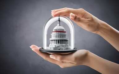 Elegant Woman's Hand Holding Glass Dome with Miniature Government Building, Symbolizing Security