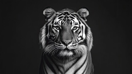 Fototapeta premium Monochrome black and white photo of a single tiger set against a dark backdrop emphasizing its fierce expression and stripes