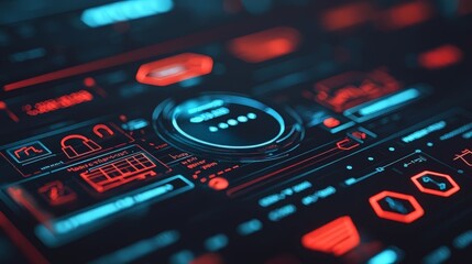 A close-up view of a futuristic digital interface featuring neon red and blue user interface elements, highlighting advanced technology and cyber themes.