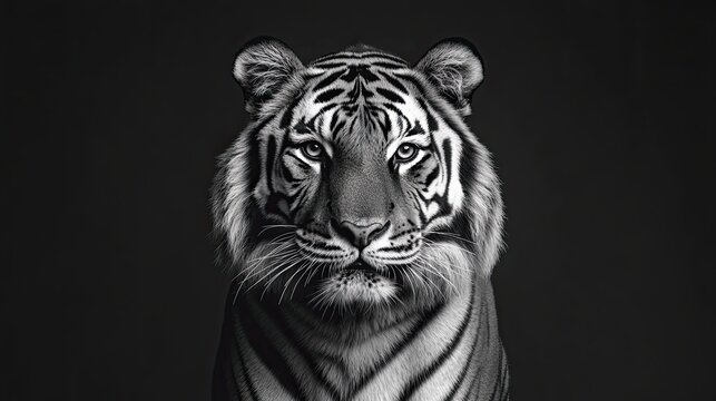 Monochrome black and white photo of a single tiger set against a dark backdrop emphasizing its fierce expression and stripes