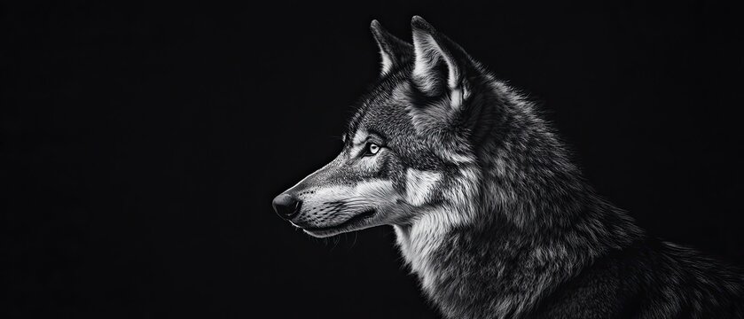Minimalist black and white photograph of a lone wolf in profile against a deep black background capturing its intensity