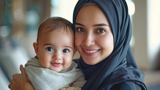 Portrait of a happy, mature Muslim lady carrying a small child while donning a headscarf and traditional black clothing