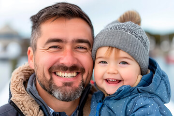 Fototapeta premium A joyful father and his smiling child share a close moment outdoors on a chilly day
