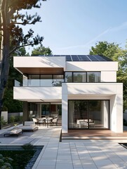 Fototapeta premium A modern family house with a white facade, solar panels