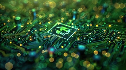 Green Circuit Board with a glowing symbol