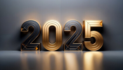金の光沢のある反射する美しい質感の数字2025。キラキラと眩しいダイヤモンドのような立体的のあるカット。キャッチライトに照らされて眩い乱反射。磨かれたゴールド、メタル。金の光の中で、この美しい瞬間が永遠に輝き続ける。背景は黒。