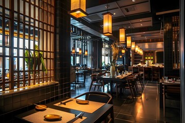 A modern restaurant with black tile walls and dark wooden furniture inside an ancient building, showcasing the fusion of traditional architecture and contemporary design elements. -
