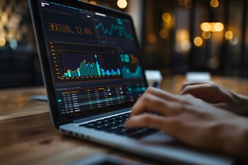 A person analyzing data on their laptop, with the screen showing graphs and tables of traffic analytics. close up. 