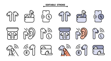 Wireless earbud color icons set. Editable stroke. Vector simple flat icon for web design isolated on white