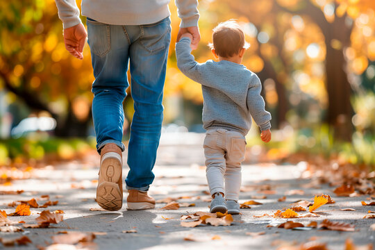 A father holds his child's hand on a sunny autumn day creating warm memories while walking together along a leaf-covered path in a park.